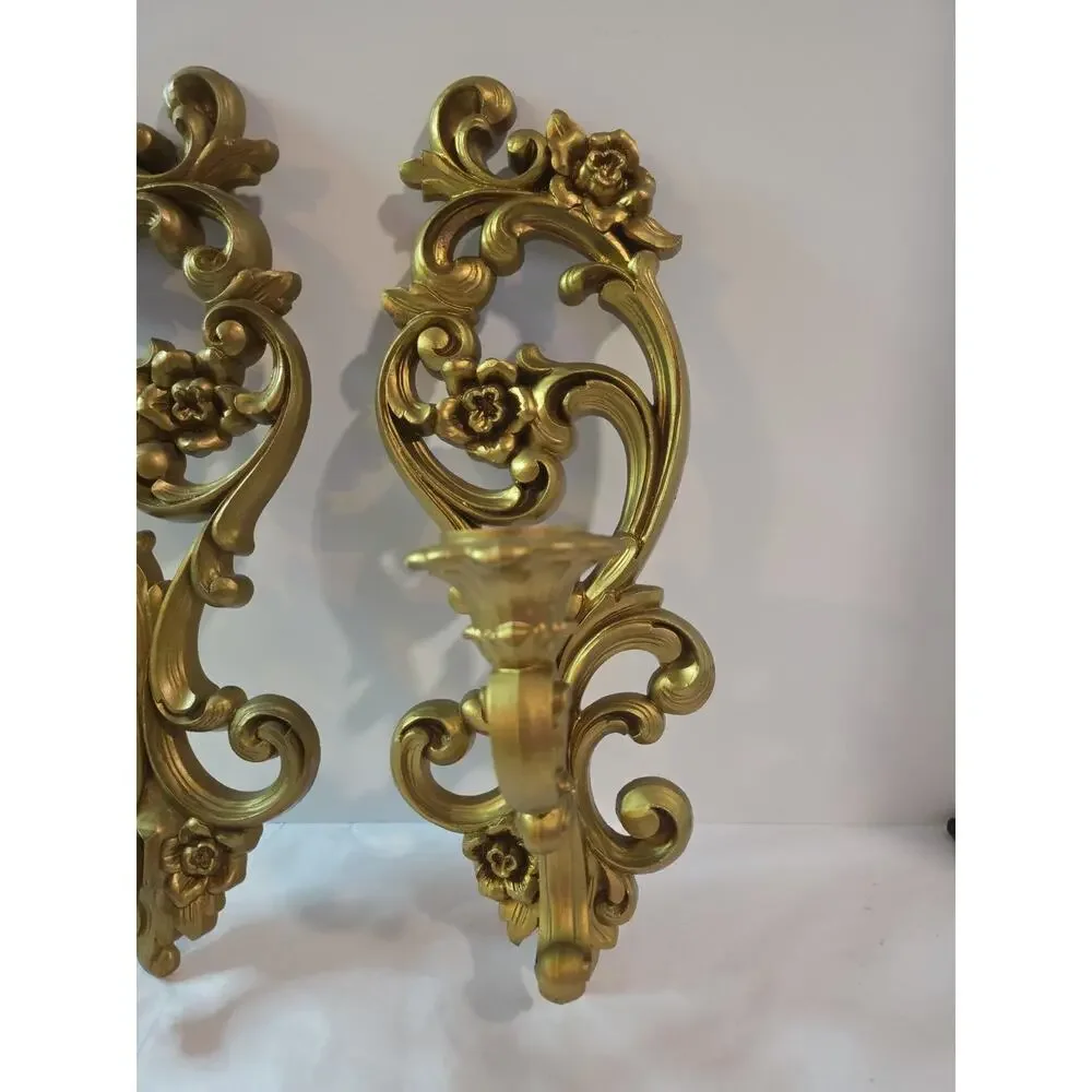 Pair Vtg 1971 Homco Ornate Floral Scroll Wall Sconces Candle Holders 4118 15
